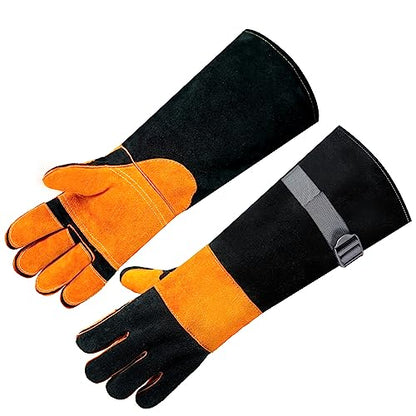 Leather-Welding-Gloves Heat/Fire-Resistant Kevlar-Gloves for BBQ,Grill,Camping,Stick,Animal-Handling-Gloves - color: Black, size: 17.7 inch