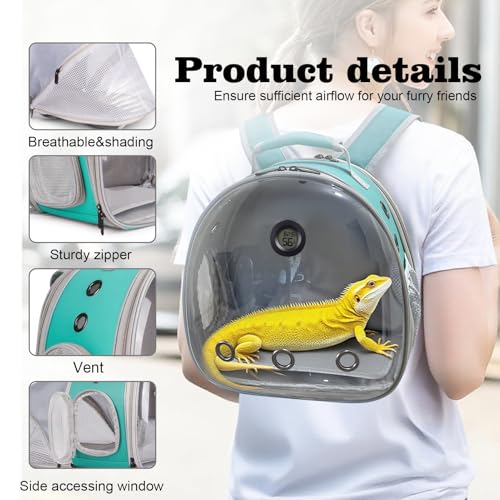 Bearded Dragon Travel Backpack Carrier with Reptile Thermometer and Humidity Gauge Lizard Travel Cage Space Capsule Clear Bubble Window Astronaut Reptile Bag for Ball Python (Green, BE Backpack) - color: Green, size: 11.8"L x 7.2"W x 11.8"H