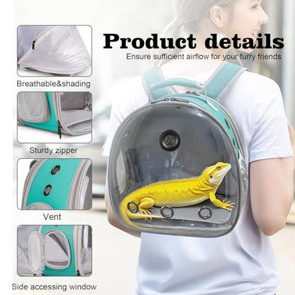 Bearded Dragon Travel Backpack Carrier with Reptile Thermometer and Humidity Gauge Lizard Travel Cage Space Capsule Clear Bubble Window Astronaut Reptile Bag for Ball Python (Green, BE Backpack) - color: Green, size: 11.8"L x 7.2"W x 11.8"H