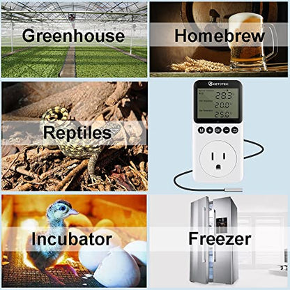 KETOTEK Digital Day/Night Temperature Controller 120V, Thermostat Outlet Plug with Timer, Thermostatic Outlet Switch 110V with 3m Sensor for Reptile Terrarium Greenhouse, Heating/Cooling Temp Control - style: KT3200pro No Backlit