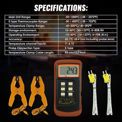 K Type Thermocouple Thermometer (-50~1300°C), Dual Channels Digital Thermometer with 2 Temperature Clamp 2 Wired Thermocouple Probes, High Accuracy Temperature Kelvin Scale Meter Tester