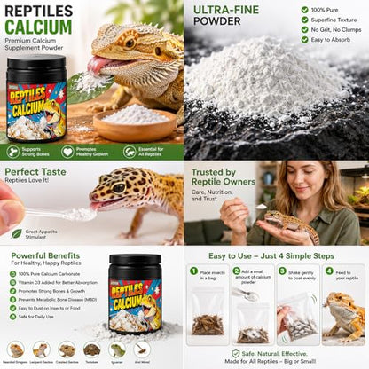 Reptile Calcium Powder with D3-2oz Fine Grind for Bearded Dragons, Leopard Geckos & Tortoises | Essential Vitamin Supplement for Bone Health & Strong Shells