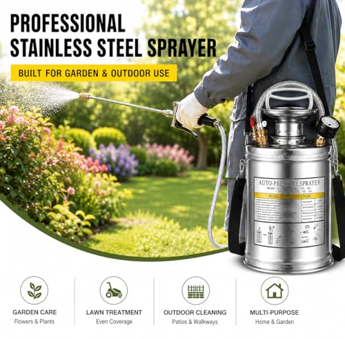 2Gal Stainless Steel Pump Up Sprayer Reinforced Hose, Hand Pump Sprayer with Pressure Gauge&Safety Valve, Adjustable Nozzle Suitable for Gardening (2 Gallon) - style: 2 Gal