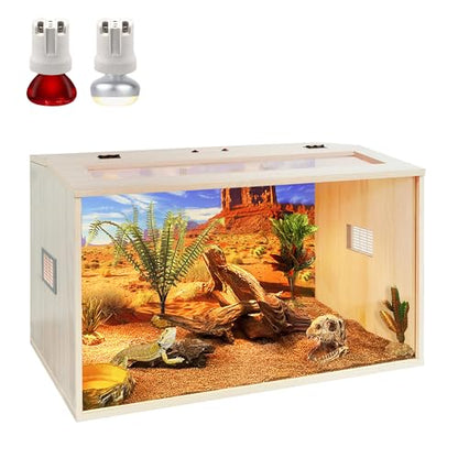 PROLEE Bearded Dragon Tank, 30 Gallons Wooden Reptile Enslosure, Tempered Glass Lizard Tank, Large Bearded Dragon Enclosure with Built-in Lamp Fixture for Lizard - size: 30 gallons