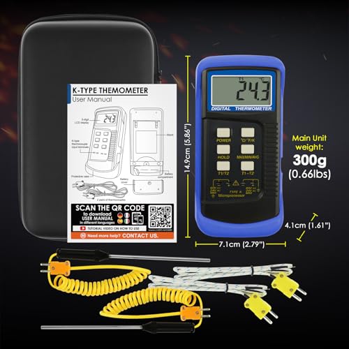 Digital K Type Thermometer with 4 Thermocouples, Dual Channels Thermocouple Tester with MAX/MIN/AVG Temperature Measurement (-501300C)