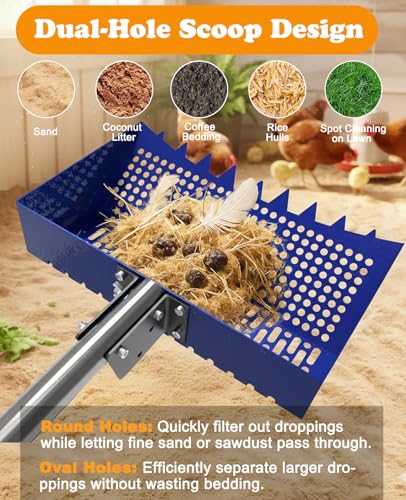INNOLAND Chicken Poop Scooper & Rake with 3-Angle Adjustable Sifting Shovel, 12" Stainless Steel Chicken Coop Scoop for Sand, 22-64" No-Bend Poultry Litter Cleaner for Chicken Coop & Animals House