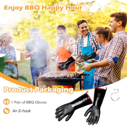 BBQ Gloves - 1472°F Thicken Heat Resistant Gloves w/S-Hook 14 in Kitchen Oven Mitts Waterproof Grill Gloves Oil Resistant Grilling Gloves Cooking Gloves for Turkey Fryer/Baking/Oven/Smoker
