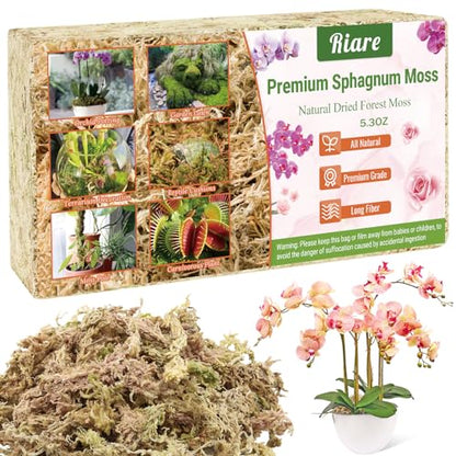 Riare 5.3 OZ Premium Sphagnum Moss for Plants- 6QT Natural Long Fiber Sphagnum Peat Moss Dried, Plants Moss Orchid Potting Mix for Orchids Repotting, Carnivorous Succulent Potted Plants and Reptiles - size: 6QT/5.3oz