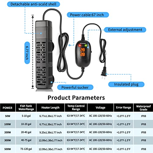 HiTauing Aquarium Heater, 50W/100W/200W/300W/500W Submersible Fish Tank Heater with Over-Temperature Protection and Automatic Power-Off When Leaving Water for Saltwater and Freshwater - size: 100W