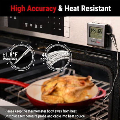 TempPro TP16 Large LCD Digital Meat Thermometer for Smoker Oven Kitchen BBQ Grill Thermometer Clock Timer with Stainless Steel Temperature Probe, Cooking Gifts for Father&Husband(Previously ThermoPro) - color: Light Silver