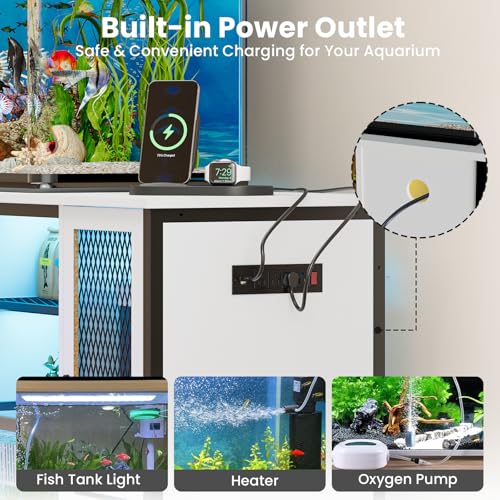 EAG 55-75 Gallon Fish Tank Stand with Power Outlets & LED Light, Heavy Duty Aquarium Stand with Adjustable Shelves, Turtle Reptile Terrarium Tank Stand with Cabinet, 1250LBS Capacity, White