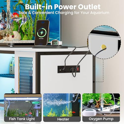 EAG 55-75 Gallon Fish Tank Stand with Power Outlets & LED Light, Heavy Duty Aquarium Stand with Adjustable Shelves, Turtle Reptile Terrarium Tank Stand with Cabinet, 1250LBS Capacity, White