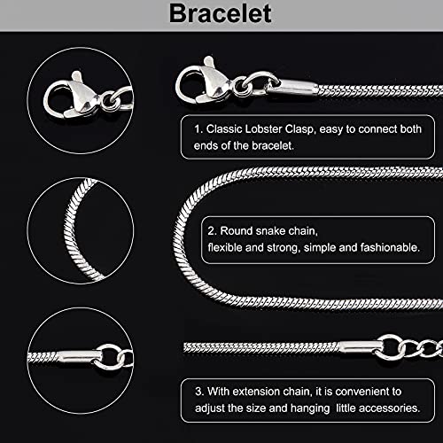 PH PandaHall 10pcs 7.48" Adjustable Slider Chain Bracelet Stainless Steel Snake Chain Bracelets Round Snake Chain Lobster Claw Clasps for Jewelry Accessories DIY Making