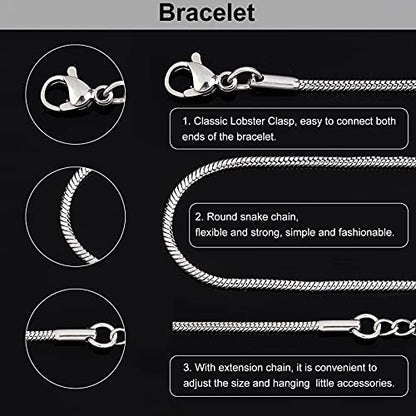 PH PandaHall 10pcs 7.48" Adjustable Slider Chain Bracelet Stainless Steel Snake Chain Bracelets Round Snake Chain Lobster Claw Clasps for Jewelry Accessories DIY Making