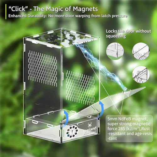 Jumping Spider Enclosure, Front-Opening Acrylic Spider Terrarium with Magnetic Door,Laser-Cut Biomimetic Ventilation System, Escape-Proof for Feeder Insects (6.5"x6.5"x12") - size: 6.5"x6.5"x12"