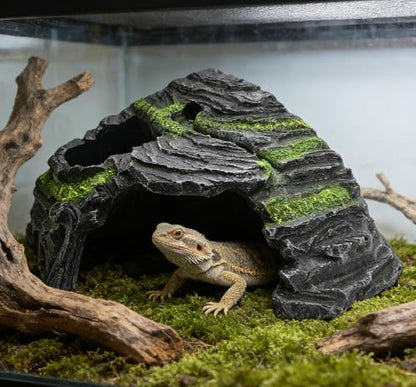 M2cbridge Aquarium Fish Hide Cave Reptile Hideout Cave Terrarium Amphibians Habitat Decor (Island+ Water Dish) - style: Island+ Water Dish