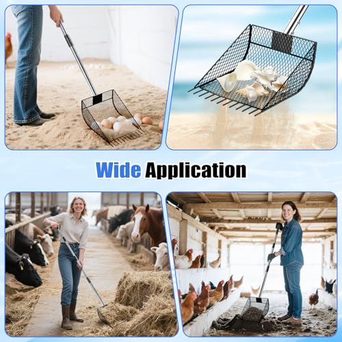 CAROD Chicken Poop Scooper & Rake 2-in-1, Metal Chicken Scoop with 24 to 68" Adjustable Stainless Steel Handle, Litter Scooper Sand Sifting Shovel Chicken Coops/Animals House