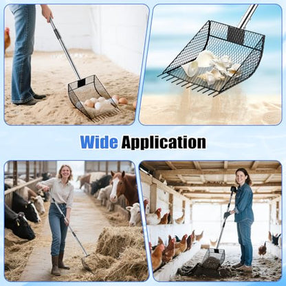 CAROD Chicken Poop Scooper & Rake 2-in-1, Metal Chicken Scoop with 24 to 68" Adjustable Stainless Steel Handle, Litter Scooper Sand Sifting Shovel Chicken Coops/Animals House