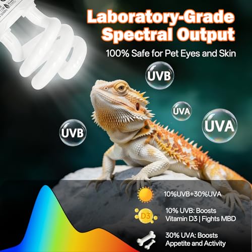 UVB Reptile Light Bulb 10.0: Bearded Dragon 15W Reptile UVB Light 2 Pack, UVA UVB Light for Reptiles Terrarium Compact Fluorescent Lamp, Desert UVB Bulb for Tortoise, Lizard - with UV Sensor Card - size: 5.5INCH-10.0