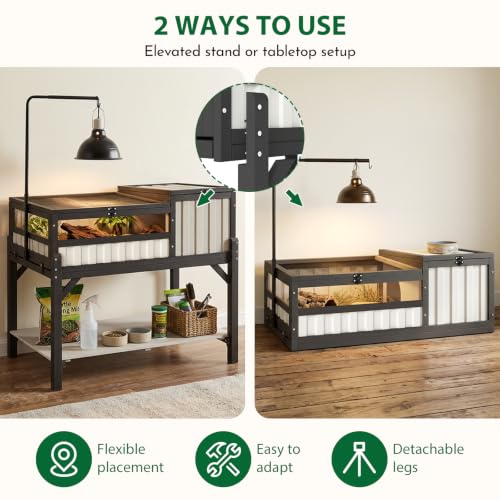 Modern Black & White Tortoise Habitat with Privacy Hide Panel, 2-Zone Wooden Reptile Enclosure with Adjustable Lamp Stand, Storage Shelf, Acrylic Viewing Window for Tortoises, Geckos & Small Reptiles