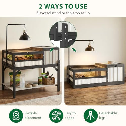 Modern Black & White Tortoise Habitat with Privacy Hide Panel, 2-Zone Wooden Reptile Enclosure with Adjustable Lamp Stand, Storage Shelf, Acrylic Viewing Window for Tortoises, Geckos & Small Reptiles