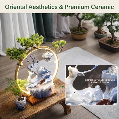 Tabletop Water Fountain, 17.3”Tall Deer Statue Waterfall Fountain with Incense Holder, LED Light & Adjustable Pump, Zen Relaxation Desk Fountains for Office,Living Room or Bedroom