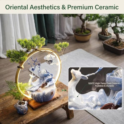Tabletop Water Fountain, 17.3”Tall Deer Statue Waterfall Fountain with Incense Holder, LED Light & Adjustable Pump, Zen Relaxation Desk Fountains for Office,Living Room or Bedroom