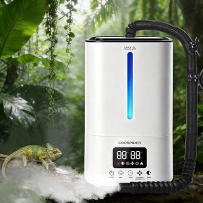 COOSPIDER Reptile Fogger Humidifier, Automatic Humidifiers, Terrarium Humidifiers with Timer Humidity Control, Reptile Mister for Reptiles Amphibians Herps Vivarium (White, 5L/1.32GAL) - color: White
