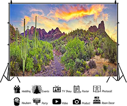 AOFOTO 15x8ft Western Desert Backdrop Arizona National Park Rock Mountain Green Plants Saguaro Cactus Landscape Terrarium Background Reptile Habitat Tank Decor Cowboy Pet Portrait Photo Shoot Props - size: 15x8ft