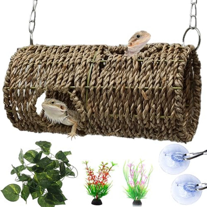 Reptile Hide Cave,Hanging Seagrass Fiber Bearded Dragon Hammock Swing Climbing Toys with Plants Decor,Gecko Hideout Hollow Cave Tank Accessories for Lizard Snake-Round - size: Round:7.87*3.94*3.94"