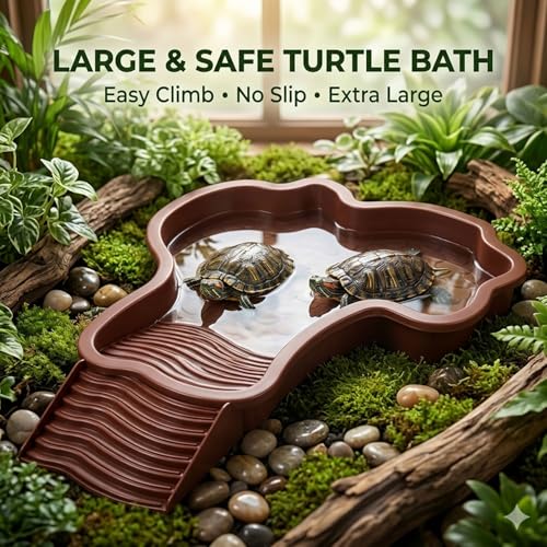 Large Turtle Water Bowl, Reptile Bathing Pool Tortoise Water Dish Bearded Dragon Water Fountain Non-Slip Reptile Food Dish for Tortoise Gecko Lizard Snake Terrarium Habitat, Plastic, Red - color: Red