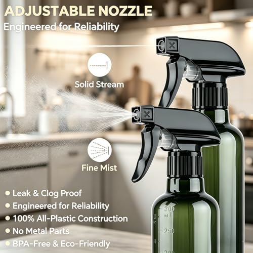 Plastic Spray Bottles (2 Pack 10 oz), Leakproof Adjustable Fine Mist & Jet Stream Nozzle, Premium BPA-Free Plastic Multi-Purpose for Hair, Plants, Cleaning (2 PACK GREEN) - color: 2 PACK GREEN