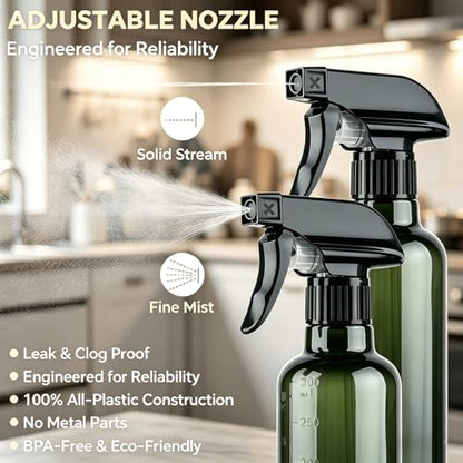 Plastic Spray Bottles (2 Pack 10 oz), Leakproof Adjustable Fine Mist & Jet Stream Nozzle, Premium BPA-Free Plastic Multi-Purpose for Hair, Plants, Cleaning (2 PACK GREEN) - color: 2 PACK GREEN