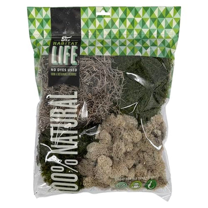 The Habitat Life - Natural Variety Pack - Mix of Reindeer, Mood, Sheet & Spanish Moss - for All Terrariums - Humidity Control - Breathable Bedding - Dye-Free & Safe - Medium - 1 Pack - size: Medium, style: Variety Pack