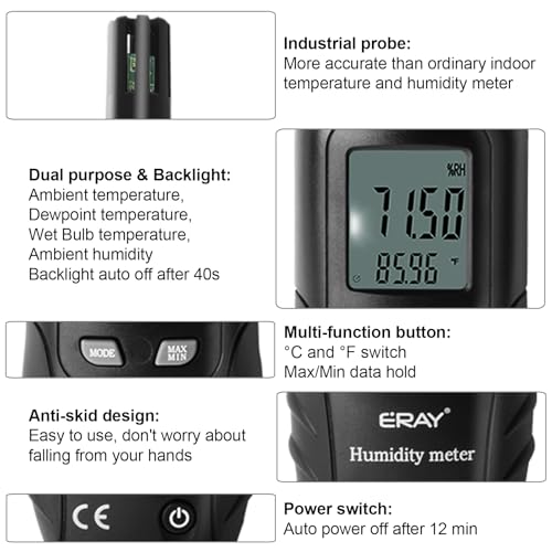 ERAY Digital Psychrometer Thermometer Hygrometer with Backlight, Temperature and Humidity Reader Meter Thermo-Hygrometer with Dew Point and Wet Bulb Temperature, 9V Battery Included(Black) - color: Black