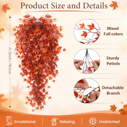 Daifunli 12 Pcs Artificial Fall Hanging Plants Fake Hanging Ferns Plastic Autumn Faux Plants for Wall Room Garden Garland Indoor Outdoor Decor No Basket (Maple Leaves) - style: Maple Leaves