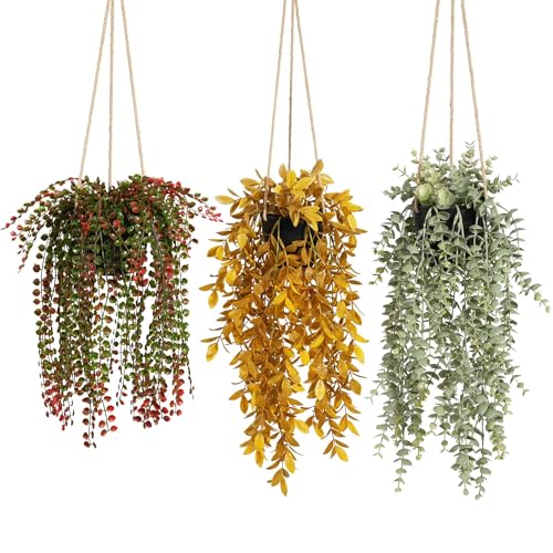 3 Packs Fake Hanging Plants with Black Pots for Outdoor Indoor | 18" Artificial Hanging Plants with Adjustable Twines, Realistic, Easy to Clean, Flat/Hang, Bathroom Bedroom Shelf Wall Decor - color: Black Pots, size: 046