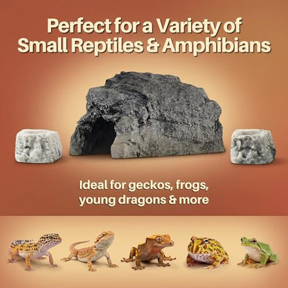 Reptile Hide Cave Set - Resin Rock Hideout with 2 Food and Water Bowls, Small Reptile Tank Accessories for Gecko, Frog, Young Bearded Dragon and Amphibian Habitat