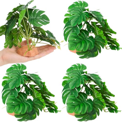 Suncalla 4 Pack Reptile Plants for Terrarium Decor, Snake Tank Accessories, Amphibian Habitat Decor, and Artificial Plants with Base for Bearded Dragon, Gecko, Lizard, Chameleon(Monstera Deliciosa) - style: Monstera Deliciosa