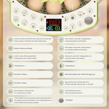 22 Eggs Smart Incubator, One-Click Hatching, Automatic Temp Humidity Control, Auto Egg Turner, Built-in Egg Candler, Music Reminder Poultry Hatcher for Chicken Duck Quail Pigeon Classroom Home Use