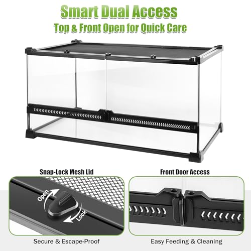 Reptile Terrarium 20"x12"x10", Full Glass Tank Enclosure for Small Reptiles, Geckos, Frogs, Lizards, Snakes, Spiders, Turtles, Rainforest Terrarium Habitat - size: 20" x 12" x 10"