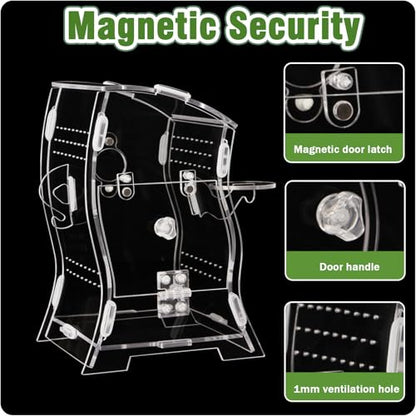 Jumping Spider Enclosure Kit (Clear or Black), 3.15x3.15x5.6 Inch Acrylic Terrarium with Magnetic Lock & Feeding Hole, Escape-Proof Mini Habitat for Tarantula, Mantis, Reptiles (Transparent Color-2)