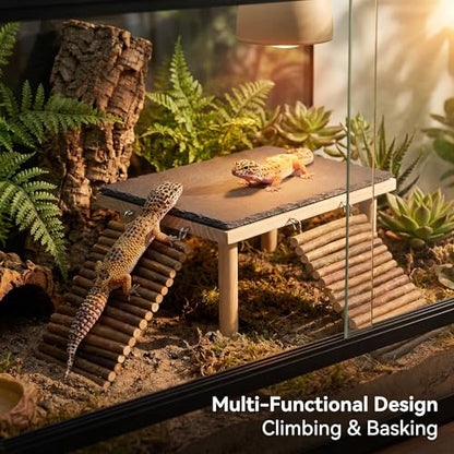 Bearded Dragon Basking Platform, Natural Slate Reptile Basking Rock with Wooden Climbing Ramp, Terrarium Habitat Decor for Lizard, Leopard Gecko, Tortoise, Snake (Large with 2 Wooden Climbing Ramp) - size: Large with 2 Wooden Climbing Ramp