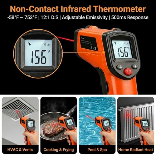 Digital Infrared Thermometer Gun -58°F to 1112°F, Non Contact Infrared Thermometer Laser Temperature Gun for Cooking, BBQ, Pizza Oven, Griddle, HVAC,Instant-Read with Backlit Display (Not for Human)