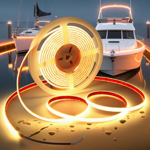 COB LED Strip Lights Warm White 3000K,12V 16.4ft IP67 Waterproof High CRI 95Ra+ Super Bright,Flexible Boat Lights for Fishing Night Outdoor Bathroom Swimming Pool(Power Supply Not Included) - color: Warm White, size: 16.4ft 12V