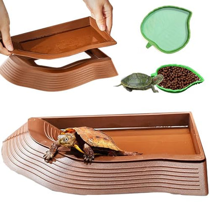 3PCS Tortoise Water Bowl With Ramp - Leaf Food and Water Dish, Turtle Pool, Reptile Bathing Pool, Soaking Dish - Aquarium Habitat Accessories Large - size: Large