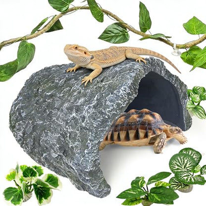Tfwadmx Extra Large Reptile Hideout,Tortoise Hide Cave Shelter,Reptile Basking Platform with Vines Plant Leaves,Bearded Dragons Hiding Rock Terrarium Habitat Decor for Lizards,Snakes,Turtles,Geckos