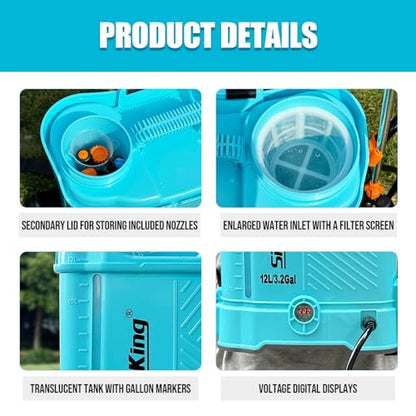SideKing Battery Powered Backpack Sprayer 3.2 Gallon, 0-80 PSI Adjustable Pressure Sprayer Compatible with Makita 18V Battery, Electric Sprayer with Wand, 5 Nozzles, 2.0Ah Battery&Charger Included - size: 3.2 Gallon