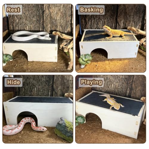 Bearded Dragon Basking Platform,Wood Gecko Hide with Basking Slate Rock,Wooden Reptile Hide Hideout Cave Terrarium Decor,Leopard Gecko Climbing Tank Accessories for Lizard,Gecko,Snake,Turtle