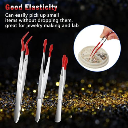 3PCS Tip Tweezers, Silicone Rubber Flat Tipped Tweezers Bent Tip for Jewelry Coin Stamp (Red) - color: Red